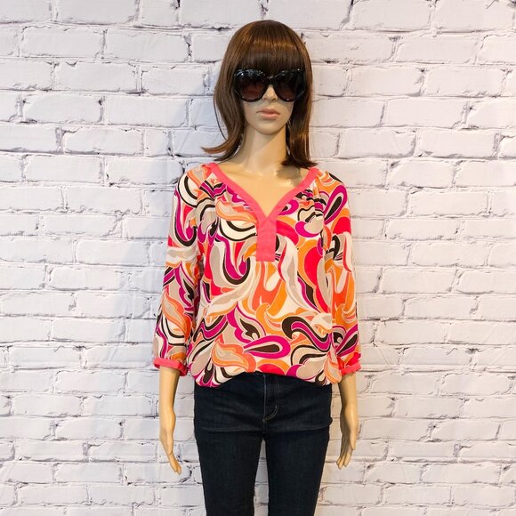 BANANA REPUBLIC - 3/4 sleeve retro print v-neck blouse - Picture 3 of 10